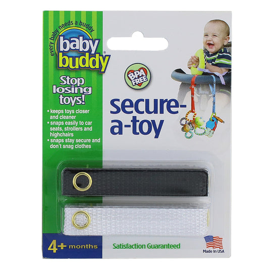 Baby Buddy Secure-a-Toy, Adjustable Pacifier and Teether Strap for Stroller, Highchair, and Car Seat, Black White, 2 pack
