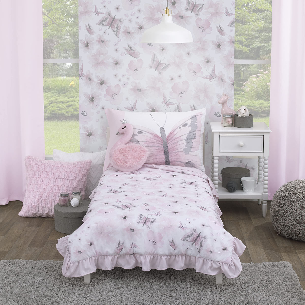 Everything Kids Floral Butterfly Pink, White, & Gray 4Piece Toddler Bed Set - Comforter, Fitted Bottom Sheet, Flat Top Sheet, & Reversible Pillowcase, Pink, White, Grey,