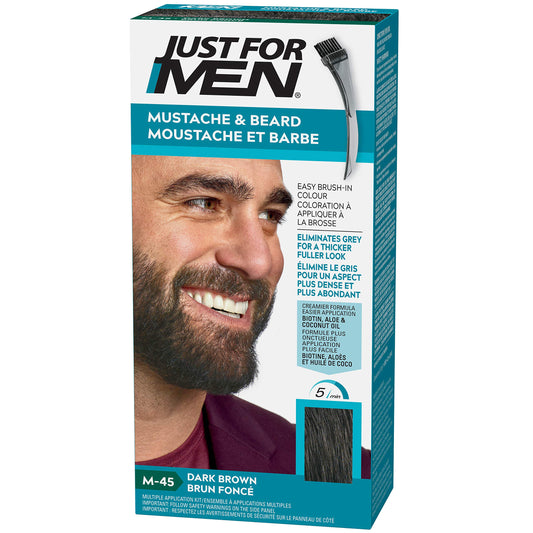 Just For Men Mustache & Beard, Beard Dye for Men with Brush Included for Easy Application, With Biotin Aloe and Coconut Oil for Healthy Facial Hair, Dark Brown, M-45 (1 Count), Packaging May Vary