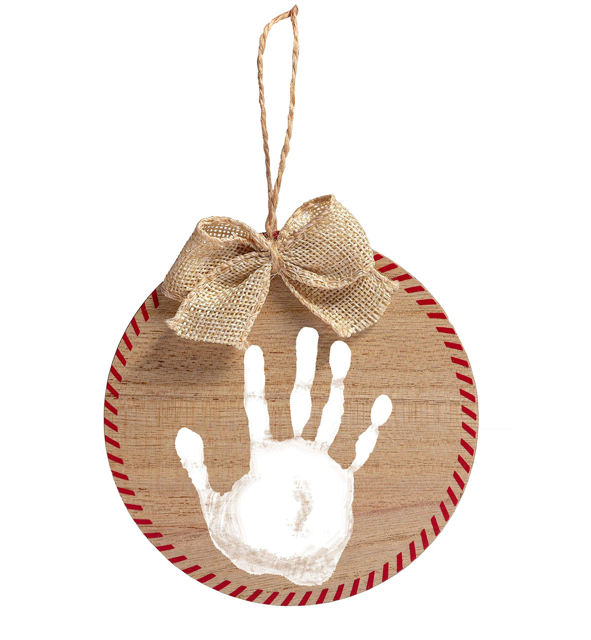 Pearhead Christmas Baby Handprint Wooden Ornament, Baby's First Christmas, Holiday Keepsake, Rustic Hanging Ornament with Burlap Bow, Includes Non Toxic Paint for Baby's Handprint or Footprint