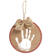 Pearhead Christmas Baby Handprint Wooden Ornament, Baby's First Christmas, Holiday Keepsake, Rustic Hanging Ornament with Burlap Bow, Includes Non Toxic Paint for Baby's Handprint or Footprint