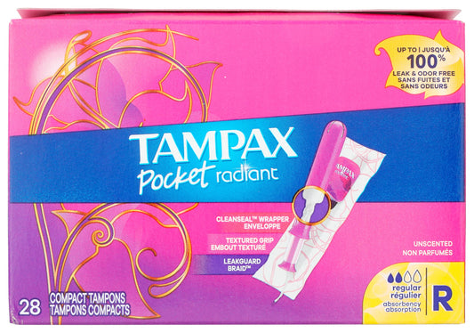 Tampax, Radiant Pocket Tampons, Plastic Applicator, Regular Absorbency, 28 Count