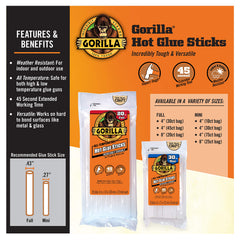 Gorilla Hot Glue Sticks, Mini Size, 4" Long x .27" Diameter, 75 Count, Clear, Bonds: Wood, Metal, Glass, Plastic, Floral, Fabric, Leather, Foam, and More (Pack of 1 with 75 Glue Sticks)
