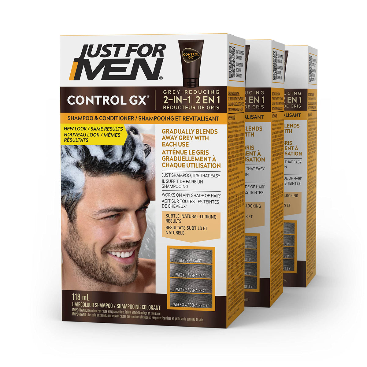 Just For Men Control GX Grey Reducing 2-in-1 Shampoo and Conditioner, Gradual Hair Color for Man, Stronger and Healthier Hair, 118ml - Pack of 3, Packaging May Vary