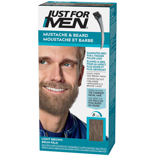 Just For Men Mustache & Beard, Beard Dye for Men with Brush Included for Easy Application, With Biotin Aloe and Coconut Oil for Healthy Facial Hair, Light Brown, M-25 (1 Count), Packaging May Vary