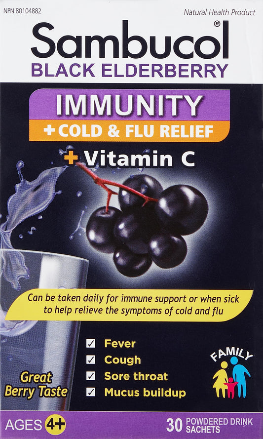 Sambucol Black Elderberry Immunity Powder | Immune Support & Antioxidant | Cold & Flu Relief + Vitamin C | Great Berry Taste | Natural Health Product, Ages 4+ | 30 Powdered Drink Sachets