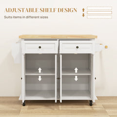 Kitchen Island with Storage, Rolling Trolley Cart with Rubber Wood Top, Spice Rack, Towel Rack, Brown Oak