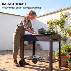 Metal Raised Garden Bed, Elevated Planter Box with 2 Wheels, Handle and Shelf, 31.5" Tall Raised Planter