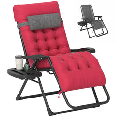 Padded Folding Recliner Chair, Patio Lounger with Cupholder, Adjustable Backrest, Removable Cushion, Black