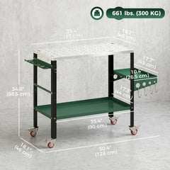 2Tier Rolling Welding Table, Lockable Steel Heavy Duty Welding Workbench Table with Side Tray, Silver & Green