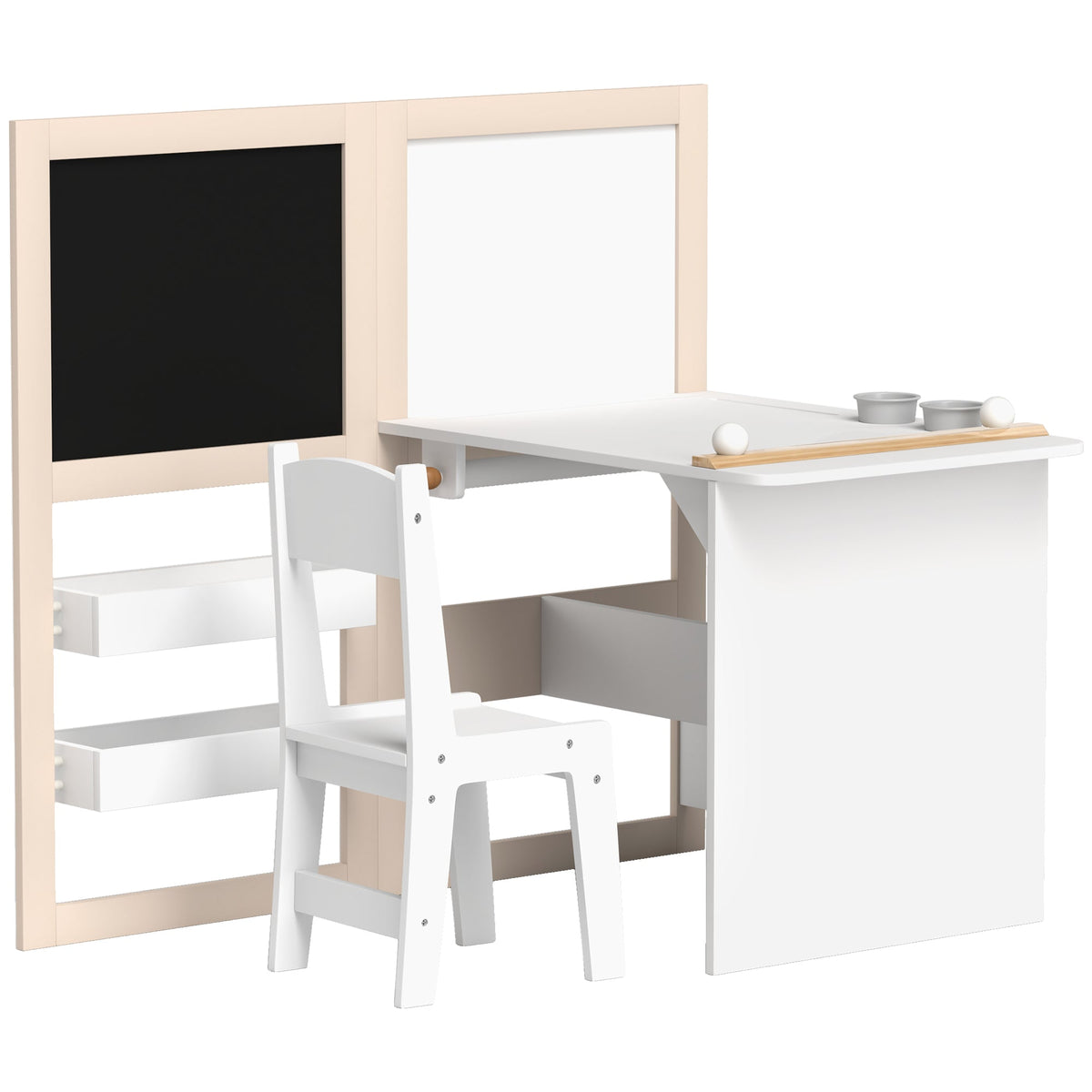 3 in 1 Kids Table and Chair Set with Foldable Easel, Storage Shelves, Roll Paper, White