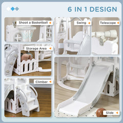 6-in-1 Slide and Swing Set Baby Swing Playset Indoor with Basketball Hoop, Climber, Storage Space, Telescope, Grey