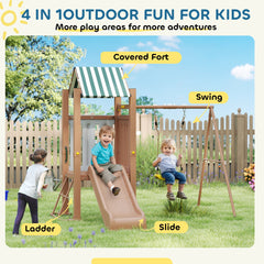 4-in-1 Kids Swing Set for Playground with Slide, Covered Fort, Climbing Ladder, Ground Stakes, for Kids Ages 3-8, Brown