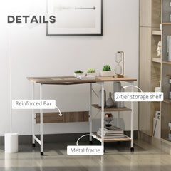 Folding Computer Desk with Storage Shelves, Study Writing Table Laptop Desk with 6 Wheels for Bedroom Home Office Workstation, Natural