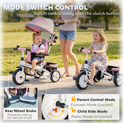 6 in 1 Toddler Tricycle Stroller with Basket, Canopy, 5-point Safety Harness, for 12-60 Months, Grey
