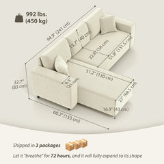 Corner Sofa with Changeable Chaise, Corduroy L-Shaped Sectional Sofa with Pocket Spring, 2 Pillows, Charcoal Grey