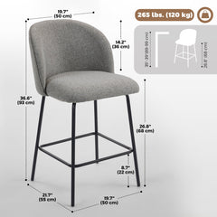Set of 2 Counter Height Barstools, Upholstered Linen Bar Stools with Backrest, Footrest and Steel Legs, Dark Grey
