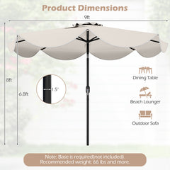 9 FT Scalloped Solar Patio Umbrella Market Table Umbrella with 24 LED Lights-Beige
