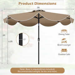 9 FT Scalloped Solar Patio Umbrella Market Table Umbrella with 24 LED Lights-Tan
