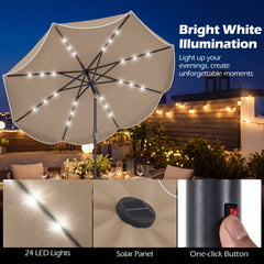 9 FT Scalloped Solar Patio Umbrella Market Table Umbrella with 24 LED Lights-Tan