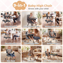 9-in-1 Convertible High Chair with Solid Wood Legs for Babies and Toddlers-Gray
