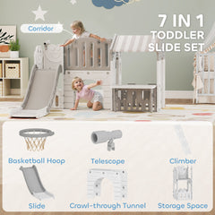 7-in-1 Toddler Slide, Kids Slide Climber Playset with Playhouse and Basketball Hoop for 1-4 Years, Grey
