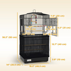36" Bird Cage with Accessories, Handle, Mesh Cover, Tray, Black