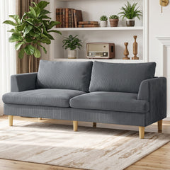 3 Seater Sofa, 74" Modern Corduroy Upholstered Couch with Thick Spring Cushions, Solid Wood Legs, Armrests, Beige