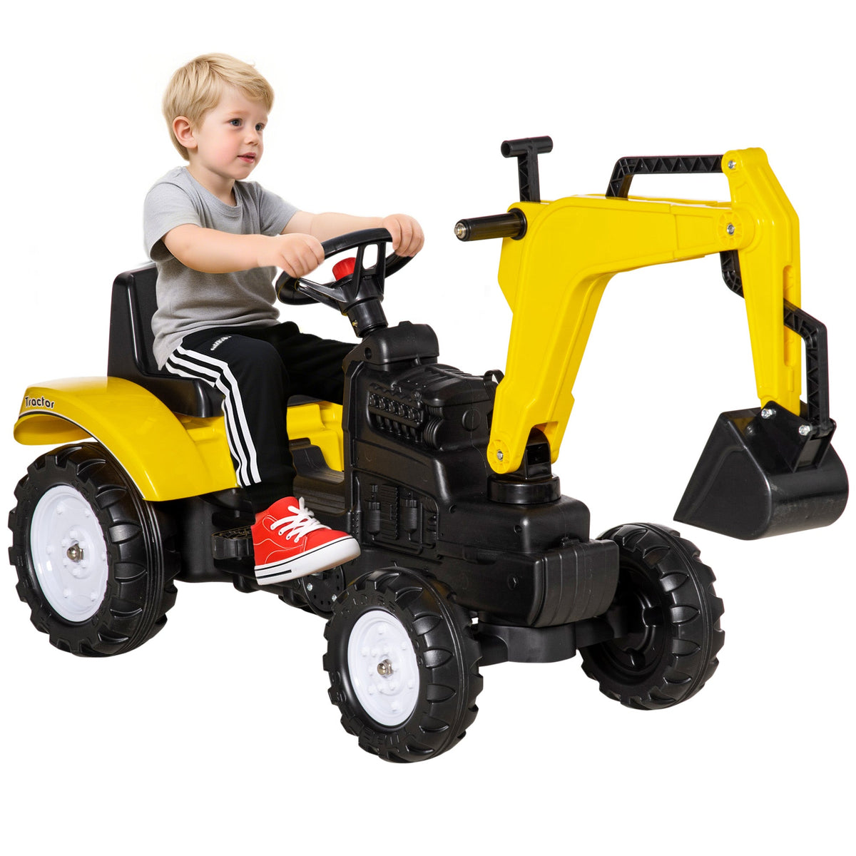Ride on Tractor for Kids, Pedal Excavator Ride on Toy with Controllable Front Bucket for 3 Years Old, Yellow
