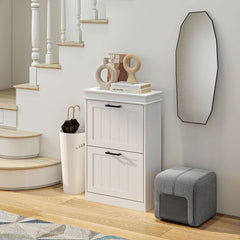 Shoe Storage Cabinet with 2 Flip Drawers and Adjustable Shelves, Narrow Shoe Cabinet for 10 Pairs of Shoes, White