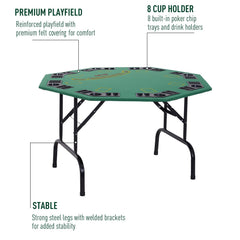 Folding Poker Table, 47" Octagon Blackjack Poker Game Table for 8 Players with Cup Holders, Green
