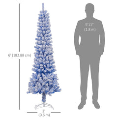 6ft Flocked Christmas Tree, Pencil Christmas Tree with Realistic Branch Tips, Folding Metal Stand, Green