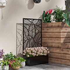 Metal Outdoor Privacy Screen with Raised Graden Bed, Privacy Panel and Planter Box, Wall-Mounted or Freestanding