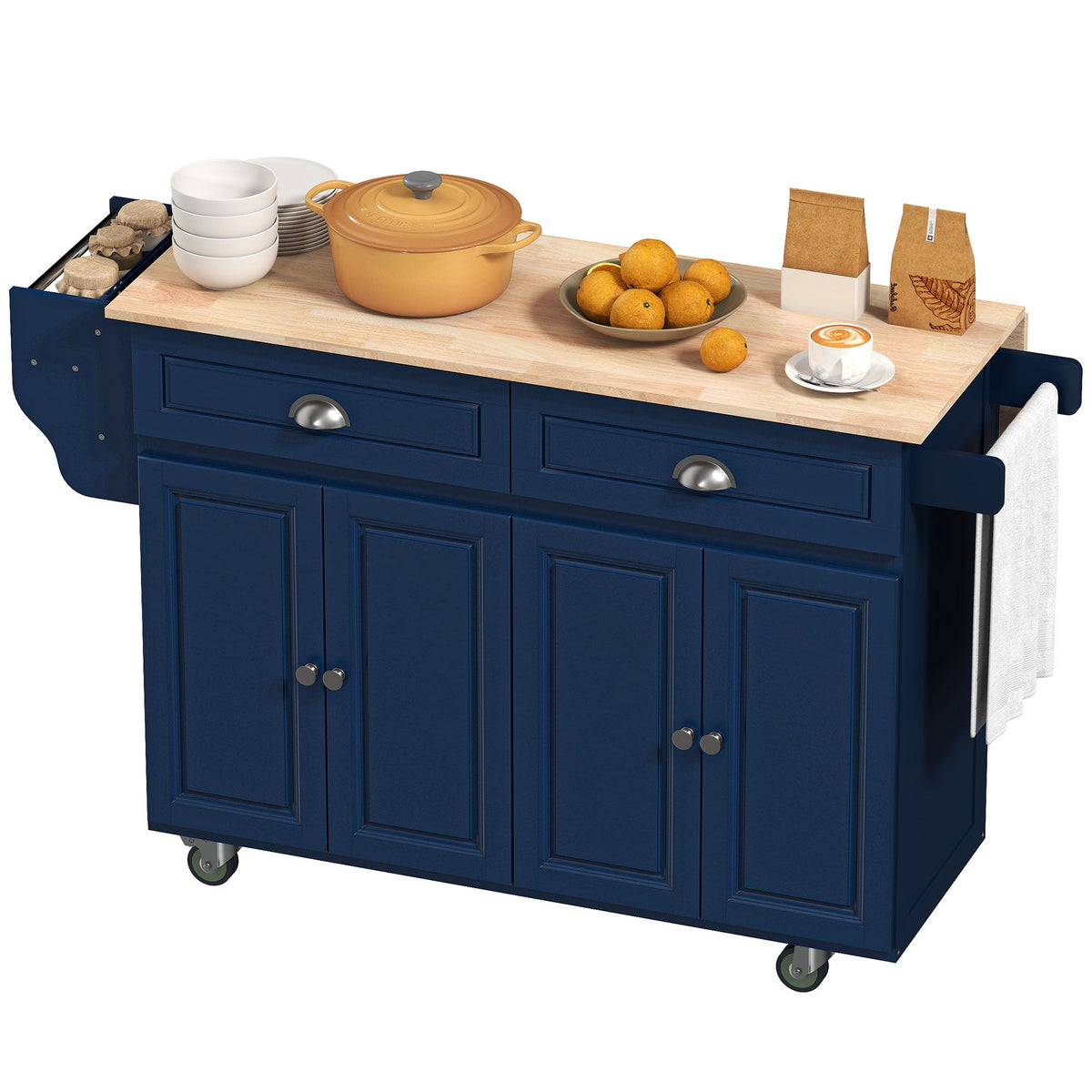 Kitchen Island with Storage, Rolling Kitchen Island with Drop Leaf, Rubber Wood Top and Adjustable Shelves, Navy Blue
