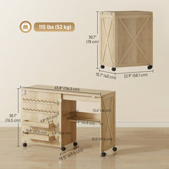 Sewing Machine Table on Wheels, Folding Craft Table with 2 Bins, Storage Shelf, 18 Pegs, Lockable Wheels, Brown