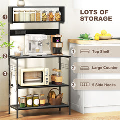 Baker's Rack with Charing Station, Microwave Shelf with Power Outlet, USB Charger and 5 Hooks, Black
