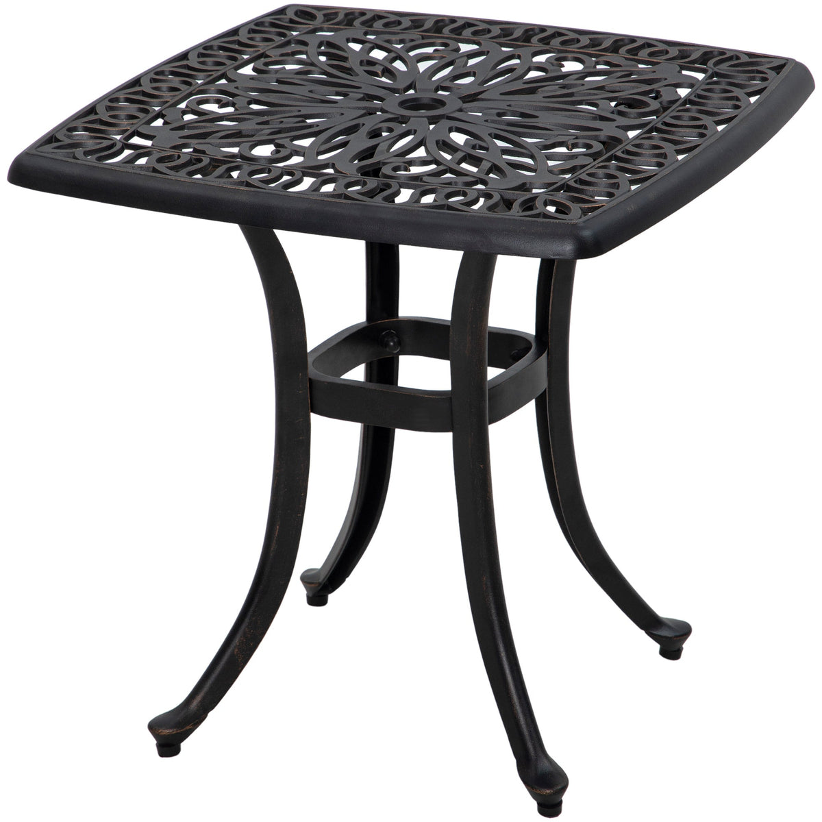21" Square Outdoor End Table, Cast Aluminum Patio Side Table with Umbrella Hole for Garden, Balcony, Poolside, Bronze