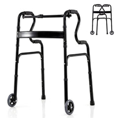 Adjustable Heavy-Duty Folding Walker with Unidirectional Wheels and Bi-Level Armrests-Black