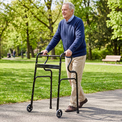 Adjustable Heavy-Duty Folding Walker with Unidirectional Wheels and Bi-Level Armrests-Black