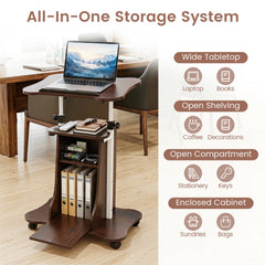 Adjustable Mobile Standing Desk Cart with Tilt Desktop and Cabinet-Brown