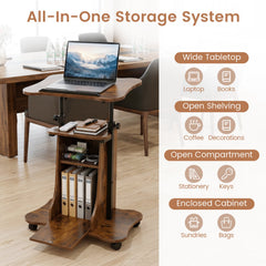 Adjustable Mobile Standing Desk Cart with Tilt Desktop and Cabinet-Rustic Brown