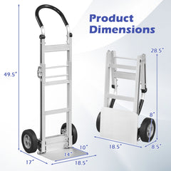 Aluminum Dolly Cart with 2 Rubber Wheels and Ergonomic Handle-Silver