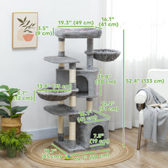 52.5" Cat Tree Tower with Scratching Posts, Cat Condos, Bed, Platforms, Hammocks, for Indoor Cats, Dark Grey