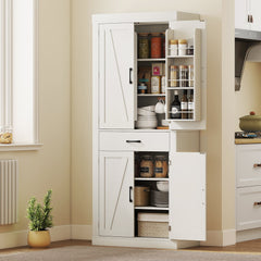 72" Kitchen Pantry Cabinet, Farmhouse Kitchen Storage Cabinet with 4 Barn Doors, 6 Door Shelves, Drawer, Black