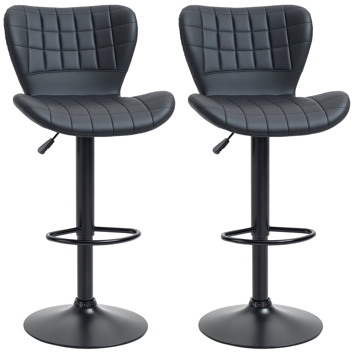 Bar Stools Set of 2, Adjustable Height Swivel Bar Chairs, PU Leather Upholstered Kitchen Counter Stools with Wide Seat, Back and Footrest, Black
