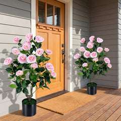 Artificial Camellia Tree Faux Flower Plant in Cement-Filled Pot-Pink