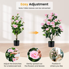 Artificial Camellia Tree Faux Flower Plant in Cement-Filled Pot-Pink