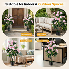 Artificial Camellia Tree Faux Flower Plant in Cement-Filled Pot-Pink