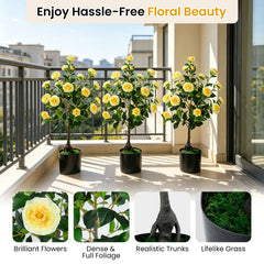 Artificial Camellia Tree Faux Flower Plant in Cement-Filled Pot-Yellow