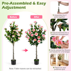 Artificial Camellia Tree with 27 Blossoms in Cement Pot for Home-Set of 1